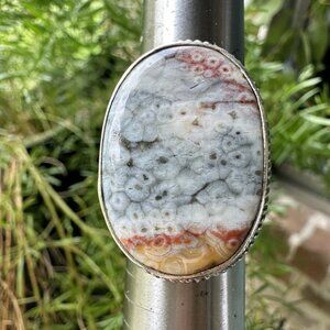 Ring Orbicular Agate Multicolor Cabochon Stamped 925 Sterling Silver‎ Size 8.75